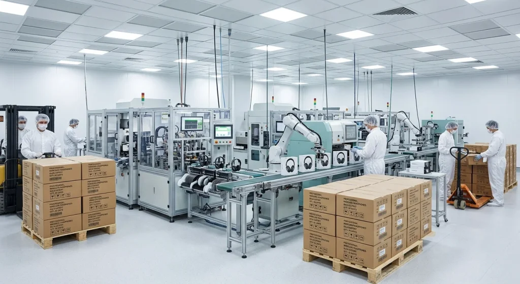 Headphone manufacturing facility displaying professional wireless device assembly and production capacity operations