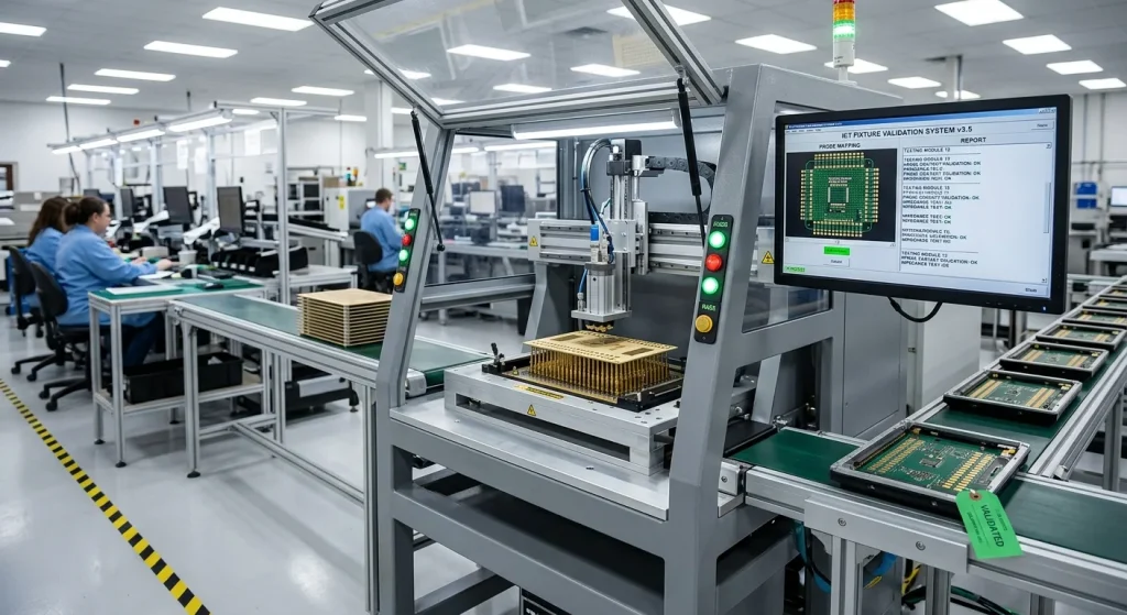In-circuit testing ICT fixture validation equipment verifying circuit board reliability in electronics manufacturing
