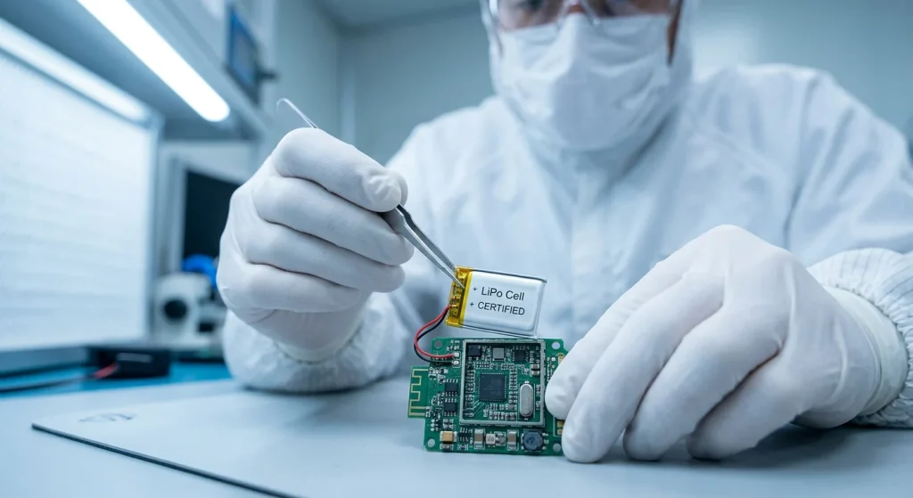 Lithium polymer pouch cell battery integration on wireless headset circuit board assembly