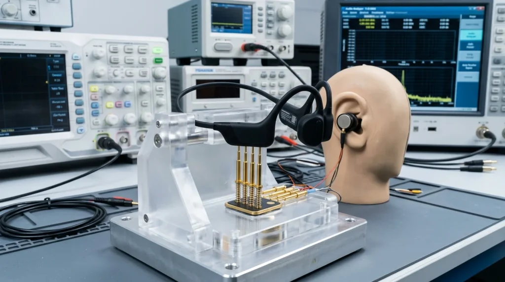 Magnetic pogo pin charging dock on wireless earphone sample evaluation workbench