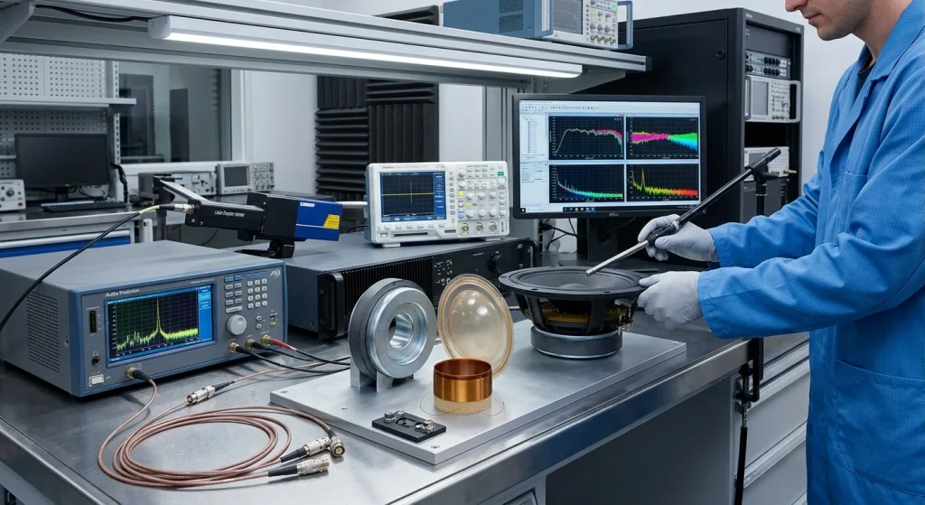 Neodymium magnet driver assembly and acoustic testing equipment verifying transducer flux density in manufacturing