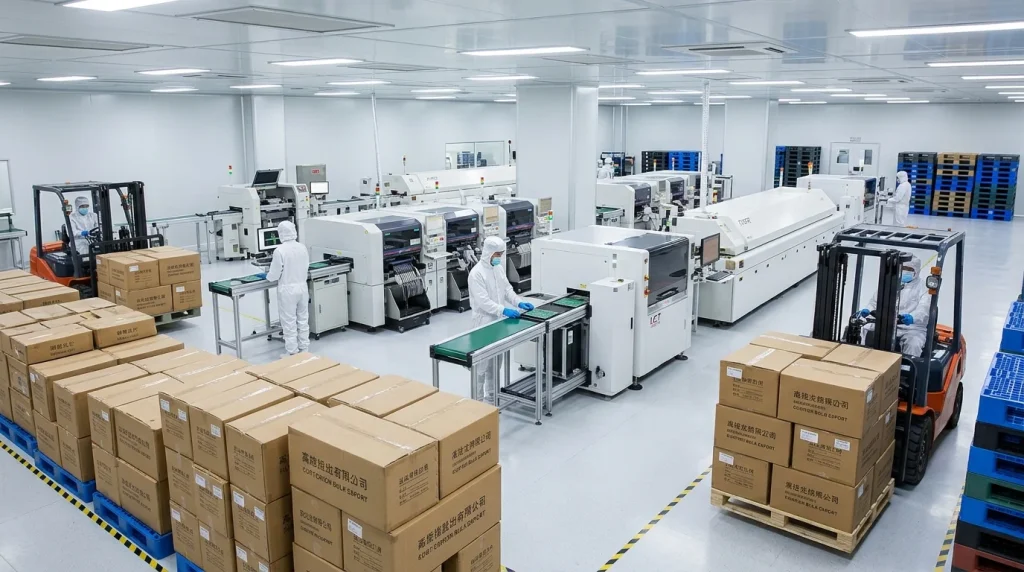 OEM audio manufacturer China displaying SMT assembly line and export packaging operations