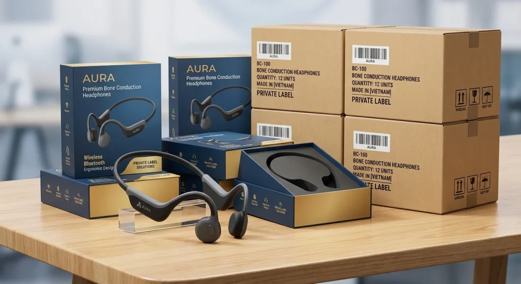 Private label Bluetooth headphones supplier displaying ready inventory and custom packaging