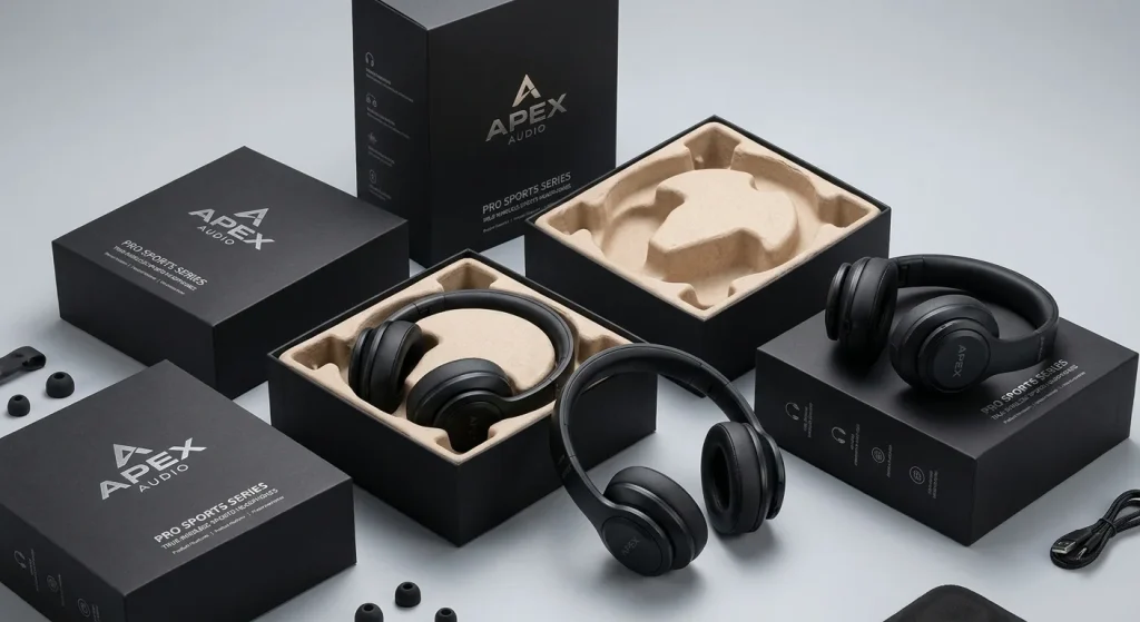 Private label headphones manufacturer displaying custom retail packaging and wireless audio hardware