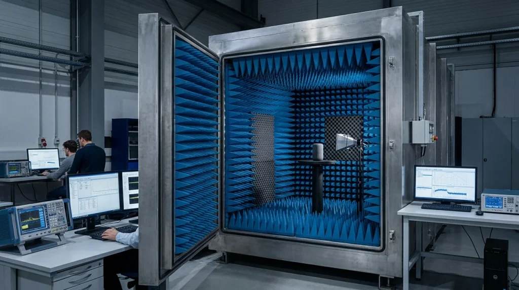 RF shielded anechoic chamber testing setup evaluating wireless hardware performance in electronics manufacturing