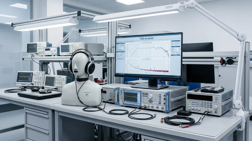 Total harmonic distortion THD analyzer testing audio transducer performance on laboratory workbench