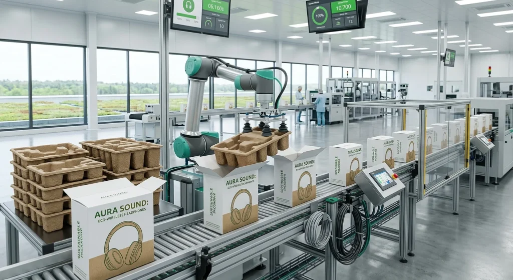 Turnkey packaging design fulfillment showing eco-friendly paper pulp inserts for headphone boxes