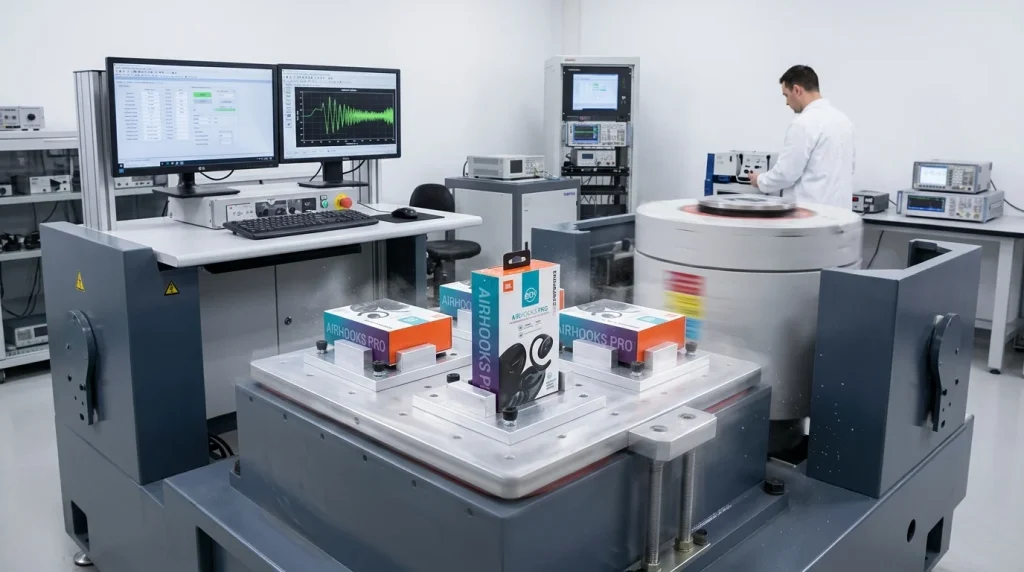 Vibration aging test table protocol verifying structural durability of manufactured wireless audio hardware